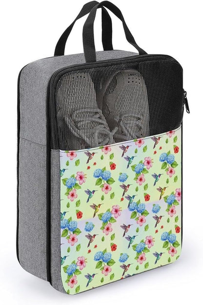 Reusable Portable Shoe Bag Bird Colorful Flowers Hummingbirds Floral Lightweight Shoe Organizer for Soccer, Golf Sneaker Storage Pouch