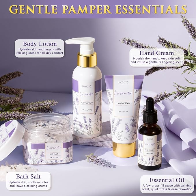 Christmas Birthday Gifts for Women, Lavender Relaxing Spa Gift Baskets for Women Self Care Package Bath Gift Set, Home Bath and Body Kit Pamper Gifts for Womens Mom Her Friends Sister Wife Girlfriend