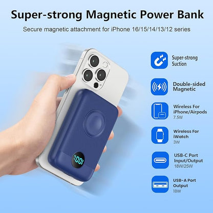 Magnetic Portable Charger for iPhone,10800mAh 4-in-1 Power Bank with iWatch Charger,25W PD Fast Charging Battery Pack for Magsafe,iPhone 17/16/15/14/13/12 Series,Apple Watch,Travel Essential,Blue