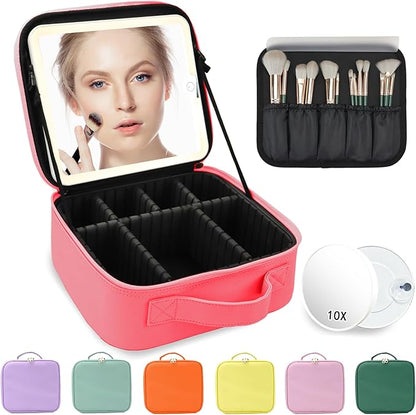 Travel Makeup Bag for Makeup Artists Large Makeup Case,with Mirror 3 Color Setting and Detachable 10x Magnifying Mirror Travel Makeup Bag,Portable Storage and Adjustable Dividers（light red）