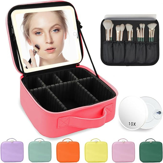 Travel Makeup Bag for Makeup Artists Large Makeup Case,with Mirror 3 Color Setting and Detachable 10x Magnifying Mirror Travel Makeup Bag,Portable Storage and Adjustable Dividers（light red）