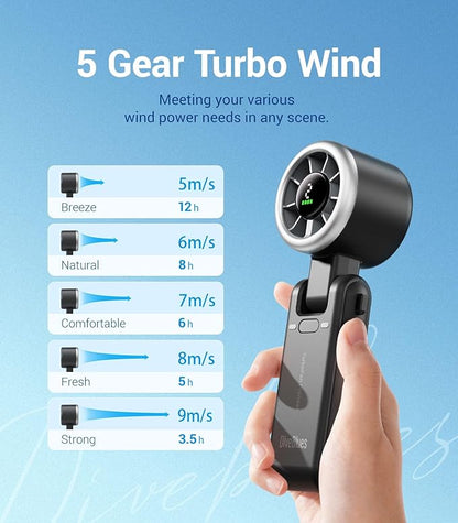 Diveblues Portable Handheld Turbo Fan, 5 Gear Wind, Battery Operated, Up to 12 Working Hours, 3 IN 1 Hand Fan with Air Turbo Tech Cooling Fan for Outdoor Activities, Travel, Working, Obsidian black