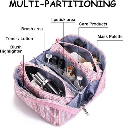 BOYATU Travel Makeup Bag for Women: Large Capacity Open Flat Make up Bag Set of 3 - Vegan Leather Cosmetic Bag with Compartments - Waterproof Toiletry Bag with Handle & Divider(I-1-Pink)