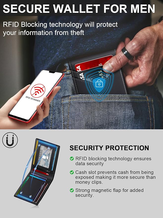 Wallet for Men Slim Leather Wallets for 13-17 Cards, RFID Blocking Thin Card Holder Wallet with ID Window & Large Capacity Cash Slot, Minimalist Bifold Small Wallet for Front Pocket, Gift for Men