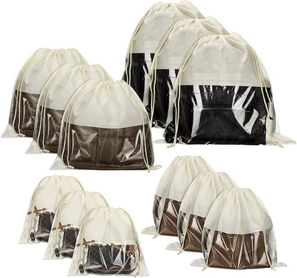 Shappy 12 Pcs Dustproof Drawstring Bags Purse Dust Storage Bags for Handbags Covers Non Woven Fabric Cloth Pouch String Packing Organizer Shoe Pouch(Assorted Sizes,Beige)