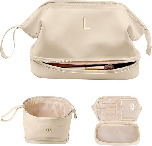Initial Large Makeup Bag, Gift for Women Personalized Double Layer Cosmetic Bag with Makeup Brush Organizer, Teacher Gift, Large Capacity PU Leather Travel Toiletry Bag Graduation Gift