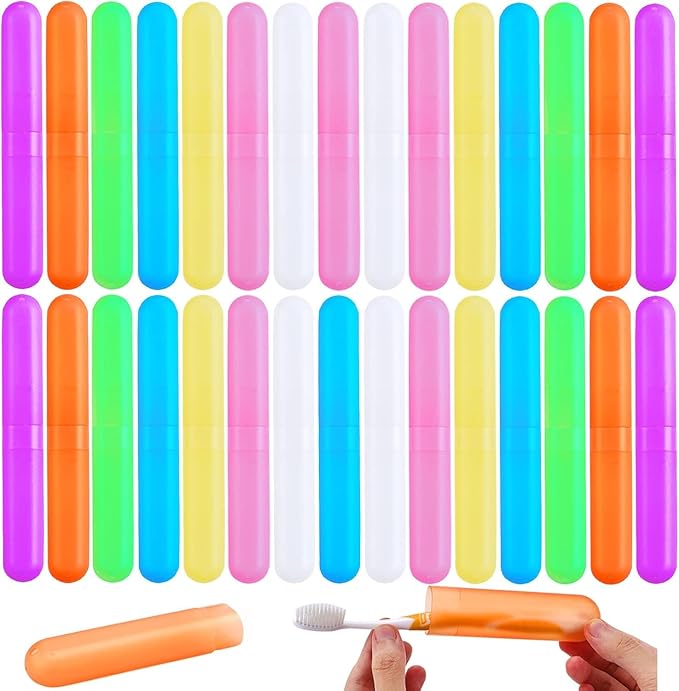 30 Pack Travel Toothbrush Case, Plastic Portable Toothbrush Storage, Dust-Proof Toothbrush Case, Breathable Toothbrush Holder for Travel Business Camping School Home, 7 Colors