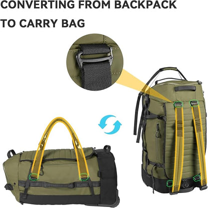 85L 29“ Foldable Rolling Backpack with Wheels, Soft-Side Travel Duffle Bag with Separate Shoe Compartment, Full Quilted Bottom, Army Green