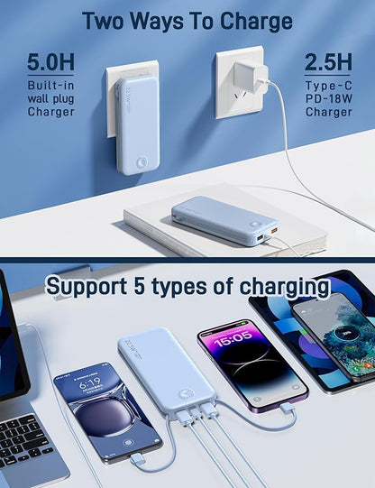 22.5W Super Fast Charging Portable Charger with Wall Plug,12000mAh USB-C Power Bank Built-in 2 Cable, Lightweight Phone Charger Travel Battery Pack for All iPhone, Samsung, Tablets