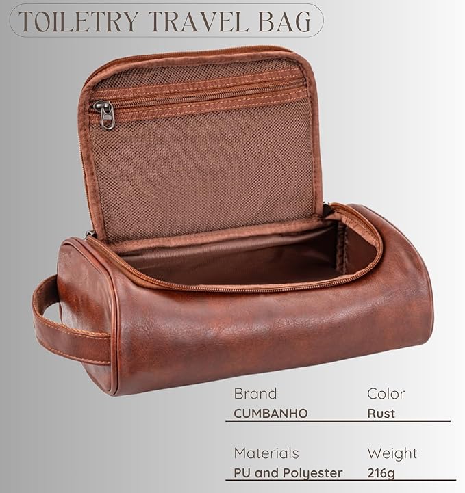 Mens Toiletry Bag, Water-resistant Dopp Kit For Men Travel, PU Leather Toiletries Bag Shaving Kit, Compact Organizer With Wrist Strap, Grooming Essentials For Vacation, Gym & Camping，Rust