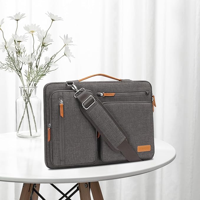 MOSISO 360 Protective Laptop Shoulder Bag,15 inch Computer Bag Compatible with MacBook Air M4 M3 M2/Pro A1990 A1707, Dell XPS Plus,Side Open Messenger Bag with 4 Zipper Pockets&Handle, Taupe Gray