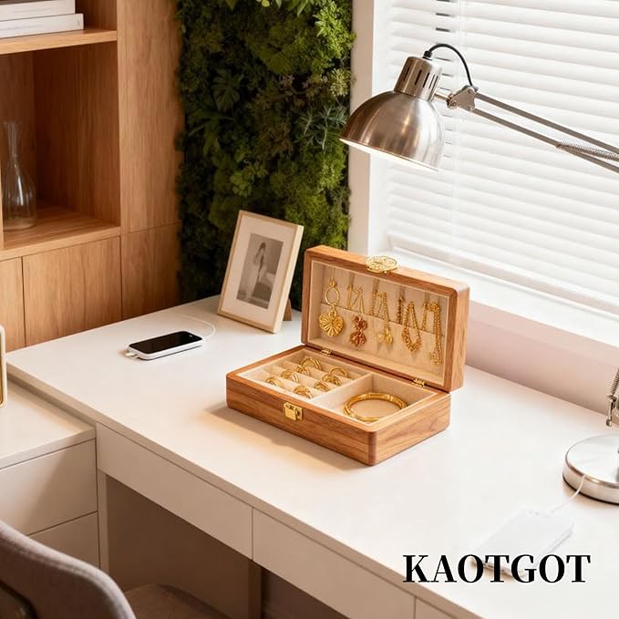 Travel Jewelry Case Small Wood Jewelry Organizer Jewelry Box for Women (Pine Wood Print B)