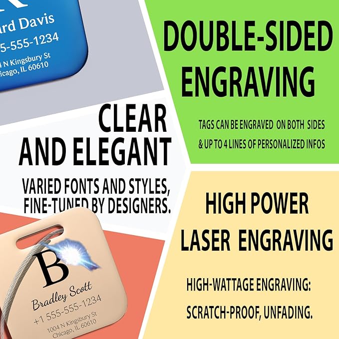 Stainless Luggage Tags for Suitcases 4 Pack: Metal Personalized Luggage Tags for Backpacks & Bags with Customizable Texts (Rainbow)