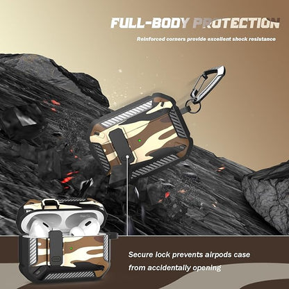 RFUNGUANGO for AirPods Pro 2nd Gen Case with Cleaning Kit, Military Hard Case Protective Armor with Lock, for AirPod Gen 2 Charging Case (2023/2022/2019, 2nd Gen/1st Gen), Desert Camo