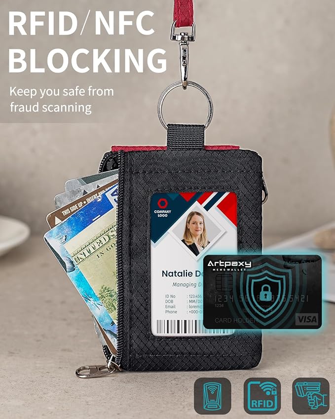 Minimalist Wallet For Mens Womens, Keychain RFID Blocking Zipper Small Wallet with ID Window 2 Lanyards,Water Resistant Travel Cash Card Coin Case Boys Girls