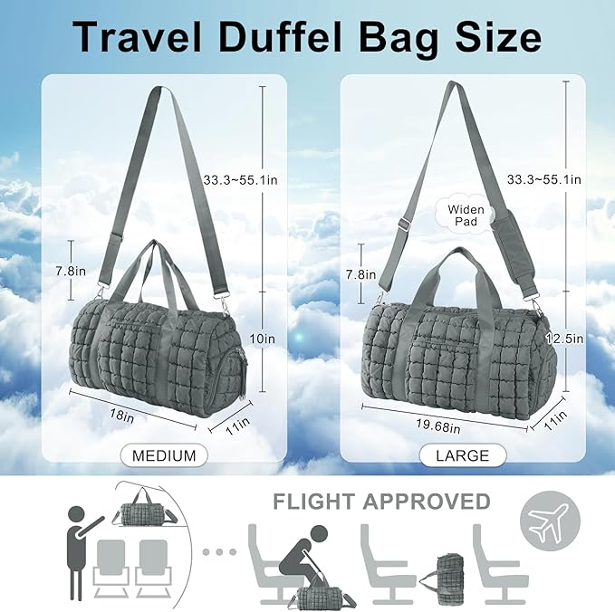 Quilted Travel Duffle Bag Gym Bag for Women,Large Puffer Duffle Weekender Bag with Compartment,Workout Overnight Carry on Organizer Bag Duffle Bag for Airplane Travel(L-Grey)