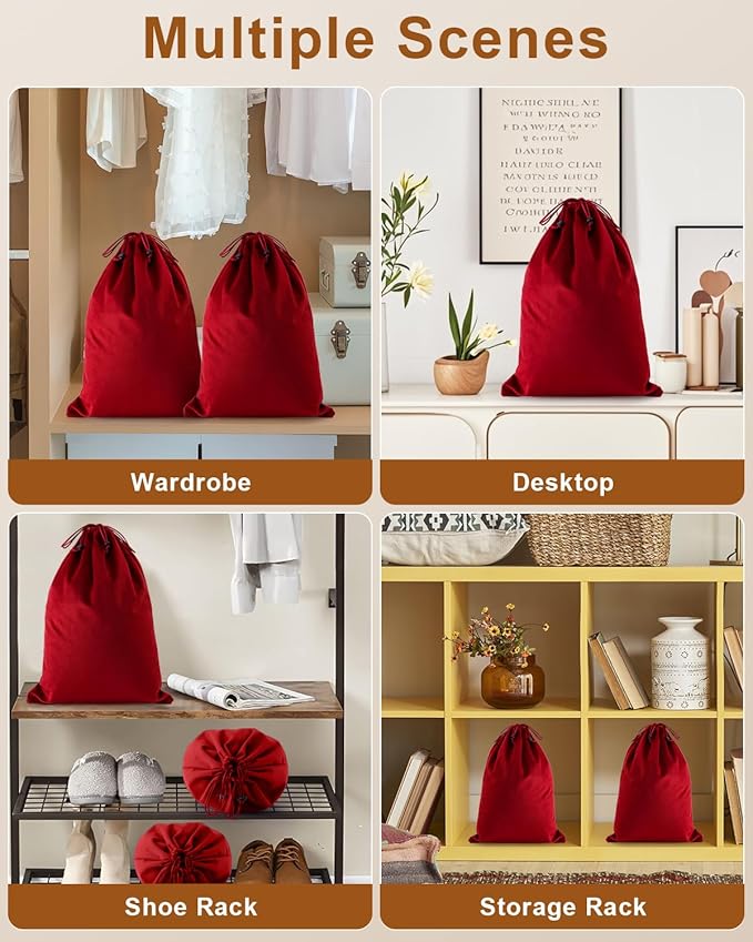 FantasyLife Shoe Bags for Travel, Washable Dust Bags for Storage & Packing, Flannel Shoe Pouch with Drawstring Closure for Purses, Handbags, Shoes & Toys (4, Rio Red)