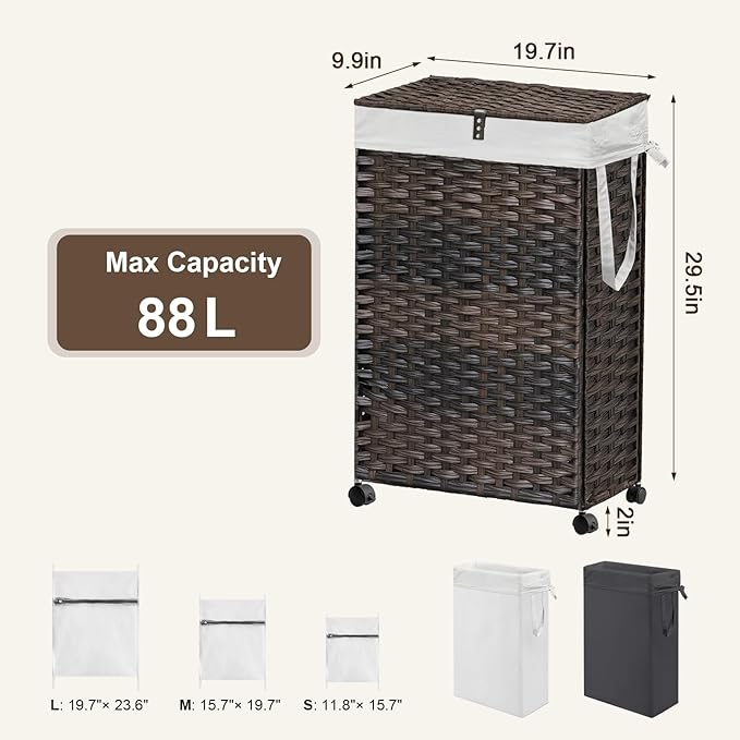 88L Slim Laundry Hamper with Wheels, 23.3 Gallon Rolling Laundry Basket with Lid, Tall and Narrow Laundry Hamper with 2 Removable Liner & 3 Mesh Bags, Laundry Sorter for Bathroom, Brown