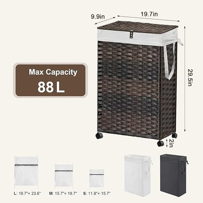 88L Slim Laundry Hamper with Wheels, 23.3 Gallon Rolling Laundry Basket with Lid, Tall and Narrow Laundry Hamper with 2 Removable Liner & 3 Mesh Bags, Laundry Sorter for Bathroom, Brown