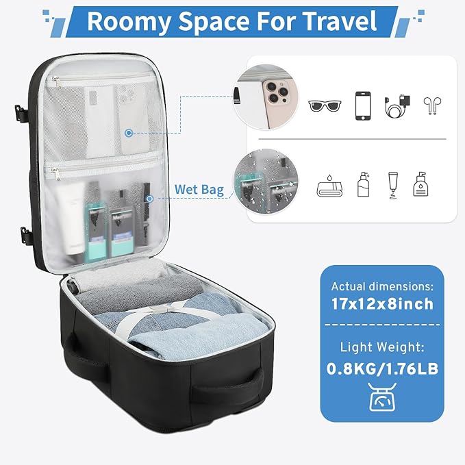 ZOMFELT Travel Backpack for Women Men, Carry on Backpack, TSA 15.6 inch Laptop Backpack Flight Approved, Personal Item Travel Bag Nurse Bag Casual Daypack for Weekender Business Trip, Black