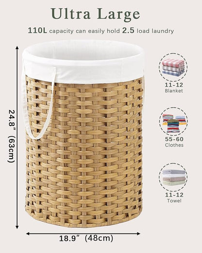 Laundry Basket Round Rattan Laundry Hamper 29.1 Gal (110 L) Handwoven Large Wicker Basket with Handles, Wicker Hamper with Removable Bags and 2 Mesh Bags for Bathroom Living Room Natural