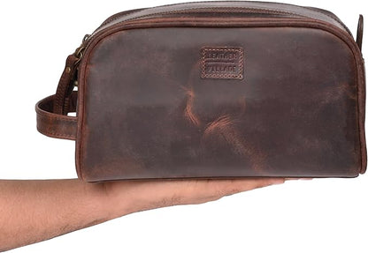 LEATHER VILLAGE Premium Leather Toiletry Travel Pouch With Waterproof Lining - Mulberry Brown | King-Size Handcrafted Vintage Dopp Kit Bag, Shaving & Bathroom Organizer, Gift for Men & Women