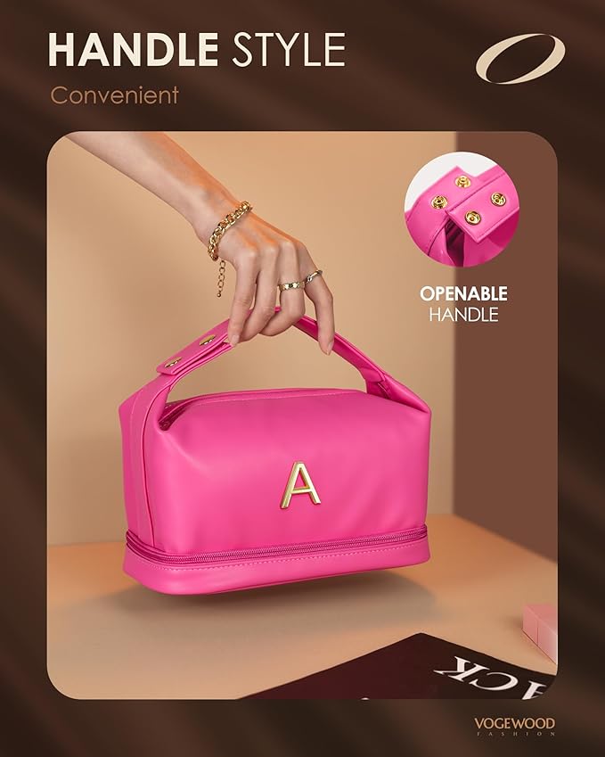 Gifts for Preteeens Girls, Personalized Makeup Bag with Handle, Initial Double Layer Cosmetic Bag with Makeup Brush Organizer, Cute Cosmetic Pouch for Women, Gifts for Friends Female Niece