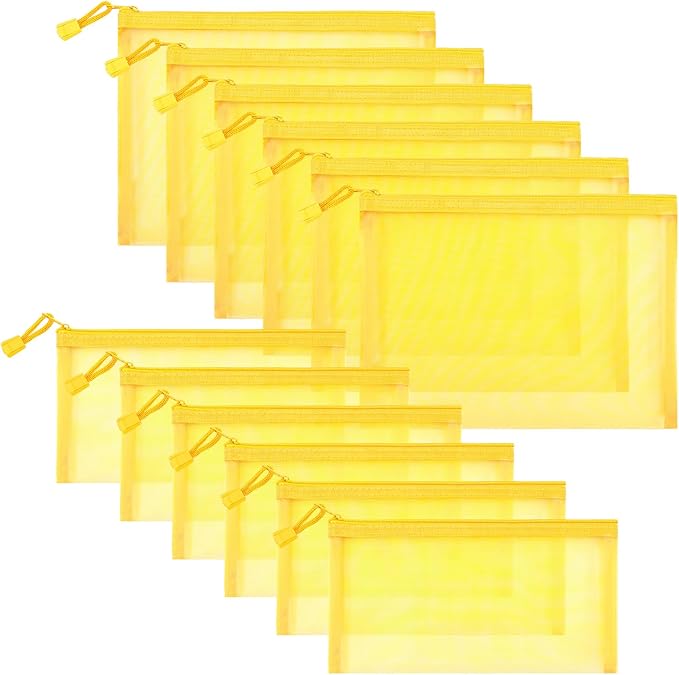 12 Pieces Zipper Nylon Mesh Pouch, Mesh Cosmetic Bags Makeup Bags Pencil Case, Multipurpose Travel Bags for Cosmetic School Office Supplies and Travel Accessories (Yellow, A5+B6)