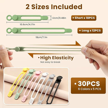 30 Pcs Silicone Data Cable Organizer, Reusable Cable Ties Wire Organizers for Office, Multipurpose Elastic Cord Wraps Cable Management for Charging Cord,Appliances,Home,Office,Kitchen,School,Travel