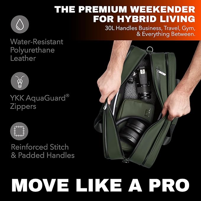 The FTL Pro Mens Travel Bag - 30L Premium Work to Gym Weekender Duffel with Garment Bag, Shoe Space & 18" Laptop Sleeve - Business Carry On Hybrid, Fits Under Airplane Seat - Abbot Green