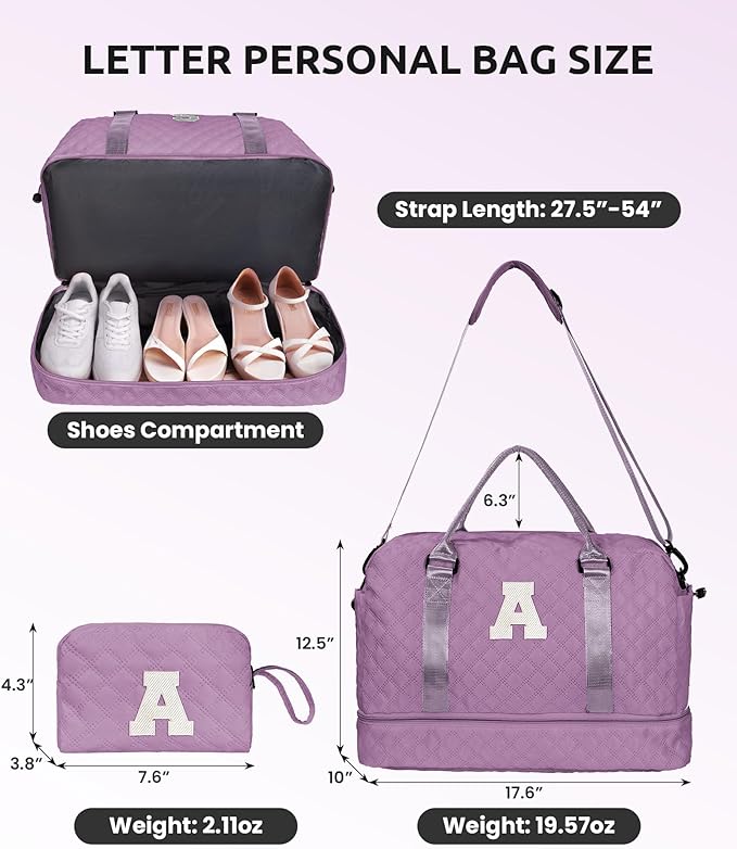 Personalized Gifts-Girls Duffle With Shoe Compartment, Personalized Weekender, Monogram Overnight Bag, Letter Travel With Makeup Bag, Birthday Gift For Women Girl (Letter L)