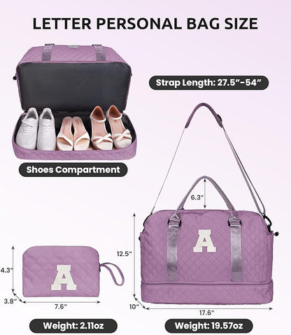 Weekender Bags for Women Travel, Personalized Weekender Bag with Shoulder Strap, Monogram Overnight Bag for Women with Trolley Sleeve & Wet Pocket, Letter Travel Bag (Letter J)