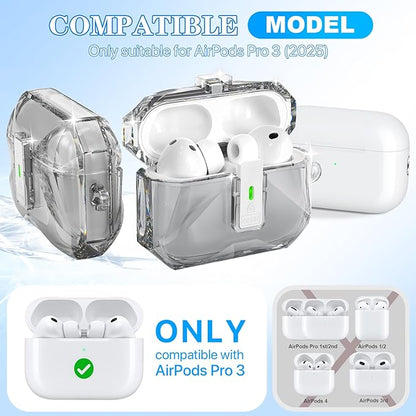 R-fun for AirPods Pro 3 Case (2025) Cover with Cleaning Kit, Military-Grade Shockproof Transparent Non-Yellowing, Auto Pop-Up Lid Design for AirPods Pro 3rd Generation Case, Clear Black