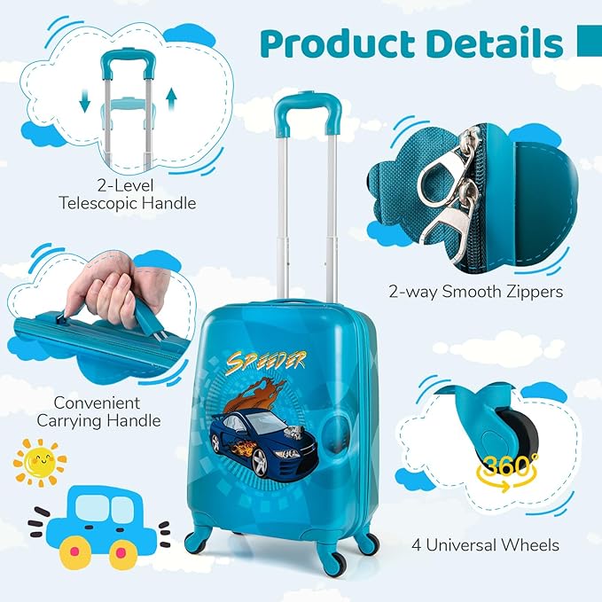 HONEY JOY Kids Luggage, Travel Backpack & Hard Shell Toddler Suitcase, Children Rolling Luggage with Wheels, Retractable Handle & 4 Casters, 2Pcs Carry On Luggage Set for Boys Girls(Racing Car)