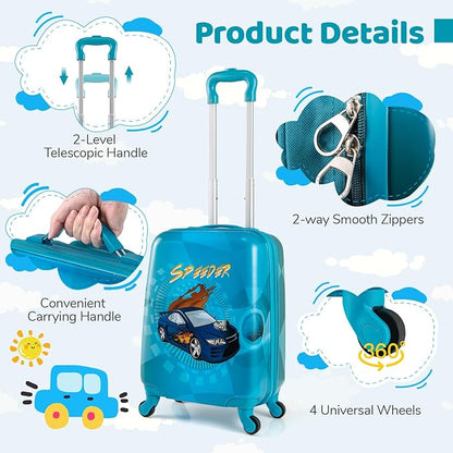 HONEY JOY Kids Luggage, Travel Backpack & Hard Shell Toddler Suitcase, Children Rolling Luggage with Wheels, Retractable Handle & 4 Casters, 2Pcs Carry On Luggage Set for Boys Girls(Racing Car)