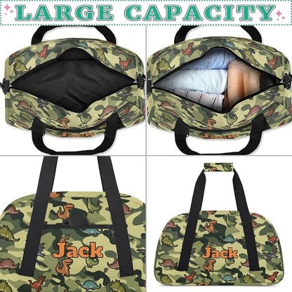 Personalized Duffel Bag for Kids Girls Boys, Cartoon Dinosaurs Custom Name Gym Bag Overnight with Padded Handles Carry On Weekend Sports Travel Bag for School Practice Gymnastics Ballet