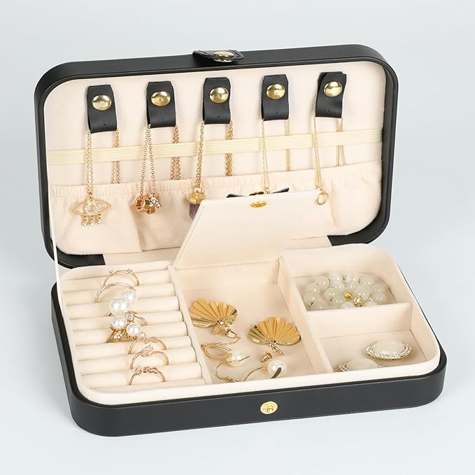 Small Jewelry Box, Travel Jewelry Case Portable Jewelry Boxes for Women, 2-Layer Mini Jewelry Travel Organizer, Gift for Women Girls,Black B
