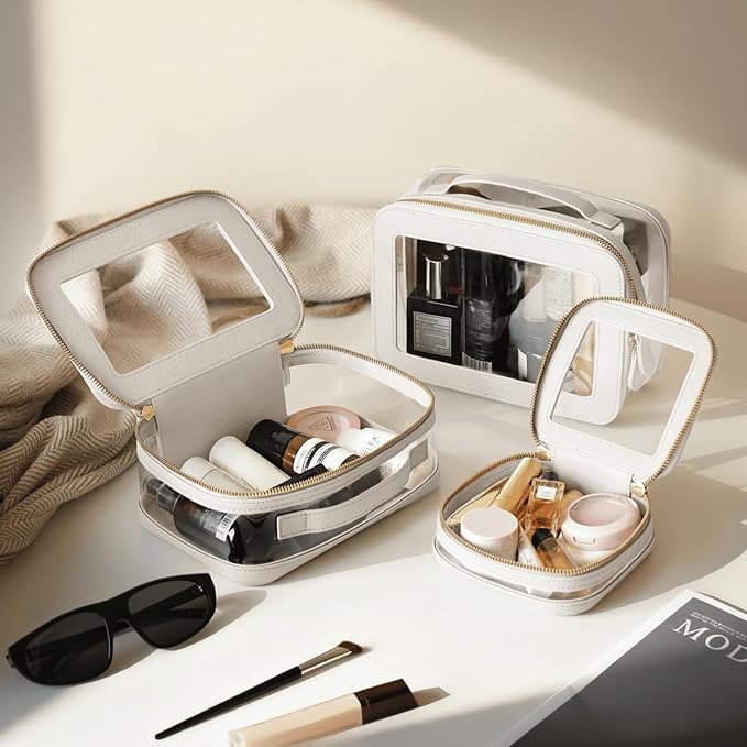 Clear Cosmetic Bag Set for Women Makeup Bag with Handle, 3 Pcs Travel Toiletry Bag Transparent Cosmetic Case Portable Make Up Organizer Bag for Essentials (White, Mini+S+L)