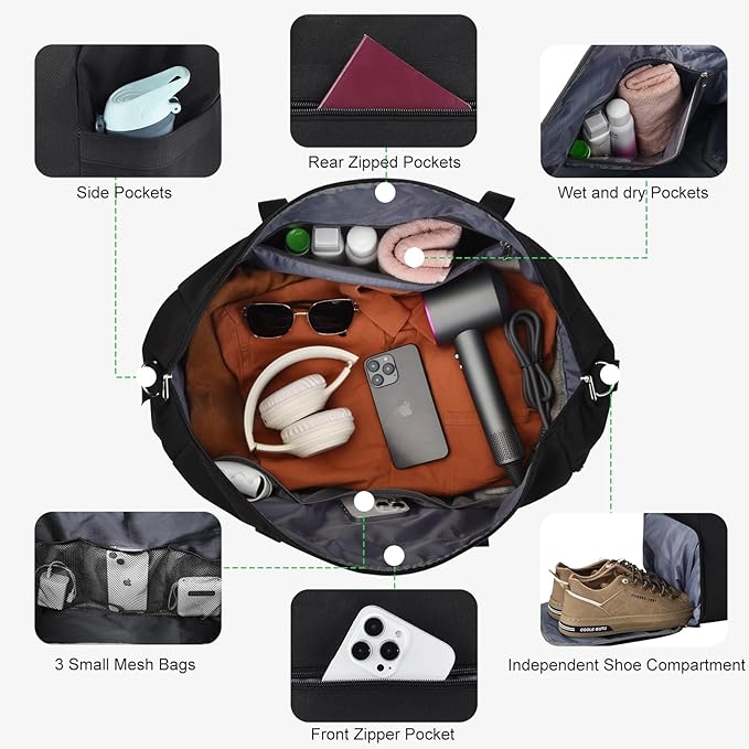 Felipe Varela 65L Duffle Bag with Shoes Compartment, Foldable Carry on Bag Travel Duffel Bags Overnight weekender Gym Bag with Wet Pocket for Women Men(Black)