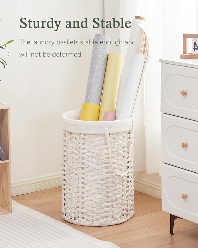 Laundry Hamper Laundry Basket Round 19.0 Gal (72 L) Handwoven Rattan Laundry Basket, Large Wicker Laundry Hamper with Removable Laundry Bag Handles 2 Mesh Bags for Bedroom Living Room White
