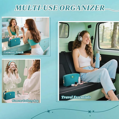 Monogrammed Make Up Bags for Women,Personalized Cosmetic Bags Women,Small Quilted Makeup Pouch,Cute Makeup Bag Travel,Birthday Gifts for Teen Girl (Blue I)