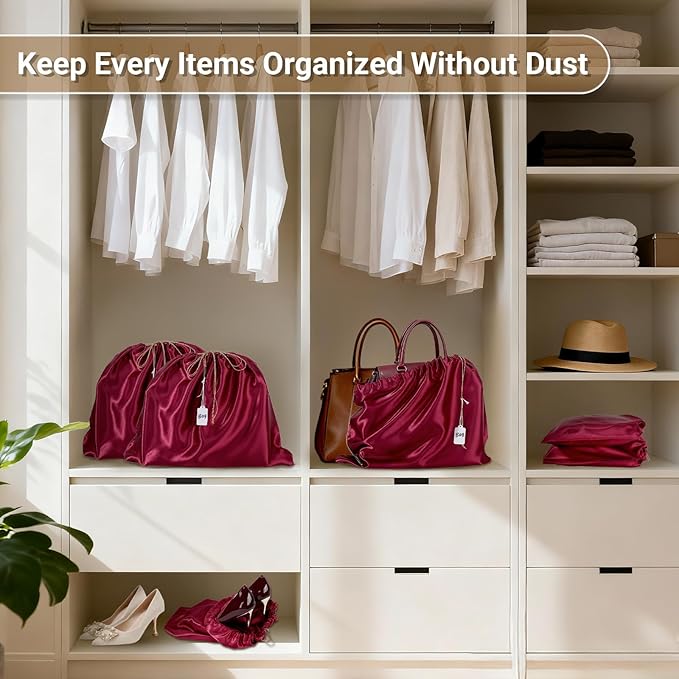 Ewen 7 Pack 19.6x15.7in Satin Drawstring Shoe Bags with Blank Tags, Dust Bags for Handbags Travel Essentials Storage, Dustproof Packing Bag Clothes Organizer for Closet and Home Organization, Wine Red
