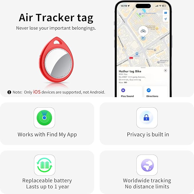 Air Tracker Tags 6 Pack Red, 5.3 Bluetooth Tracker Work with Apple Find My (iOS Only), 100dB Sound, Smart Tag with Keychain/Lanyard, Item Finder for Luggage/Key/Suitcase, Replaceable Battery