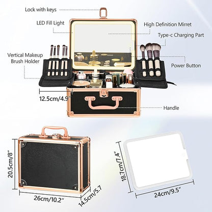 Makeup Case with Lighted Mirror, Makeup Box Organizer with Detachable LED Mirror, Travel Makeup Train Case, Waterproof Cosmetic Organizer, Standing Makeup Brush Holder, Gift, Black Gold