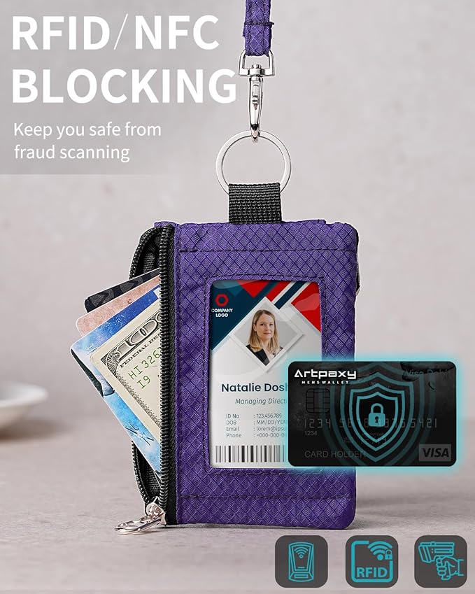 Minimalist Wallet For Mens Womens, Keychain RFID Blocking Zipper Small Wallet with ID Window 2 Lanyards,Water Resistant Travel Cash Card Coin Case Boys Girls