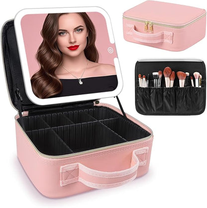 Travel Makeup Bag with Removable Mirror and Light, LED Lighted Make up Train Case, Cosmetic Organizer with PU Leather, 3 Colors Dimming Light, Adjustable Dividers & Brush Storage Board, Gift for Women