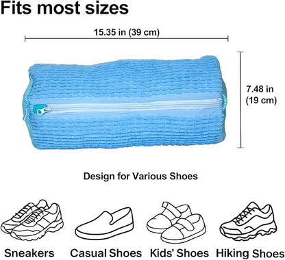 4 Pcs Shoe Washing Machine Bag, Laundry Shoe Bags for Washer and Dryer with Chenille Liner, Large Reusable Mesh Bag for Sneakers, Gym, Tennis, Sports, Delicate, 2 Color Mix (Blue+Beige)
