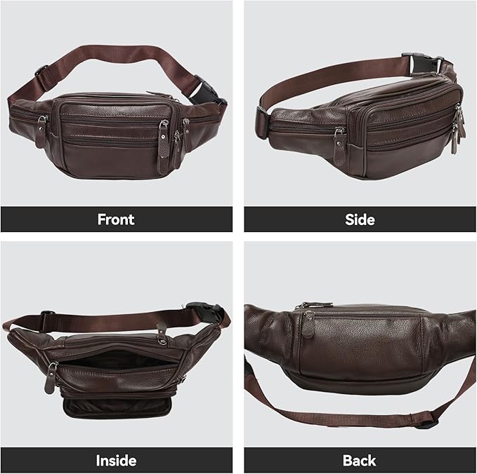 Brown Leather Fanny Pack for Men & Women,Fashionable Multi-Pockets Waist Belt Bag for Travel Sports Hiking Cycling Fishing Running