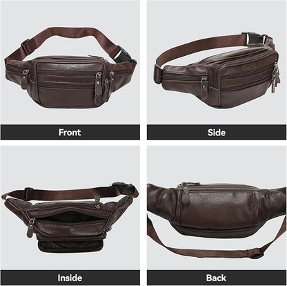 Brown Leather Fanny Pack for Men & Women,Fashionable Multi-Pockets Waist Belt Bag for Travel Sports Hiking Cycling Fishing Running