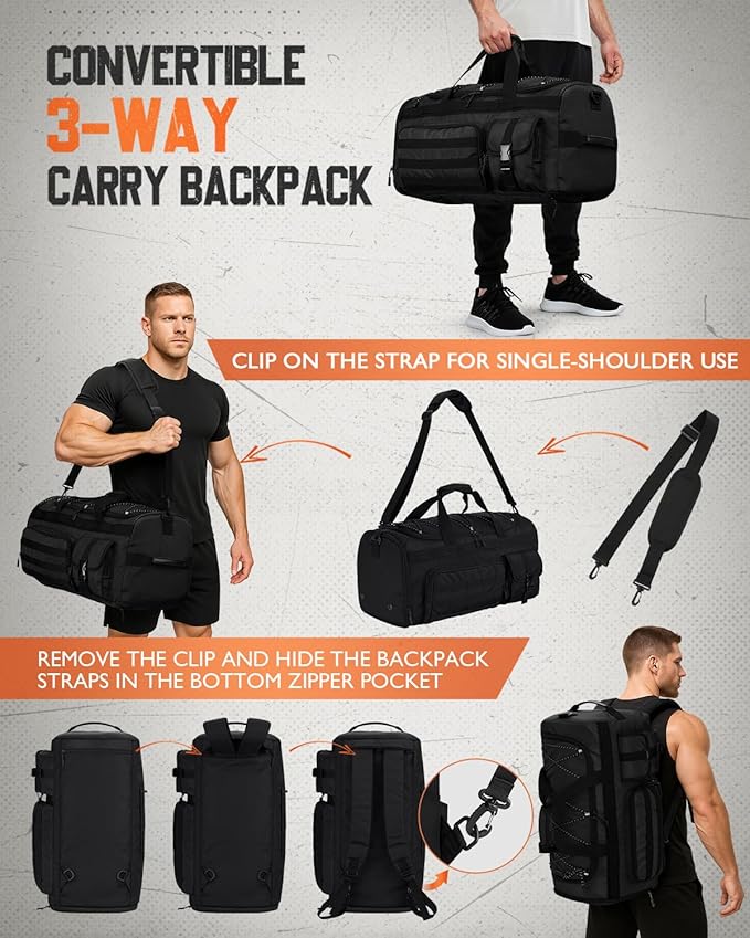 Gonex 45L Duffel Bag for Men, 3 in 1 Convertible Carry Gym Duffle with Shoe Compartment, Tactical Gear Loops, Water-Repellent Lining, Workout & Travel Bag (Black)